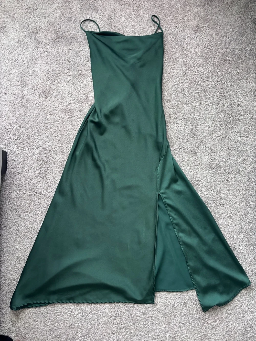 ASTR The Label Green Satin Slip Dress Cowl Neck Side Slit Maxi Formal Medium